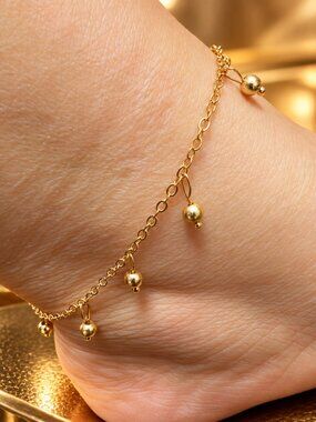 Gold Tone Dangle Ball Bead Charm Anklet Adjustable Ankle Bracelet Lobster Clasp